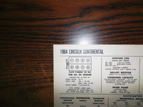 1964 lincoln continental eight series models 430 ci v8 tune up chart