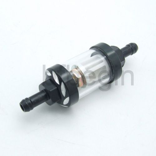 1 pc aluminum moto black steel fuel filter 5/16" in &amp; out glass hot rod rat rod