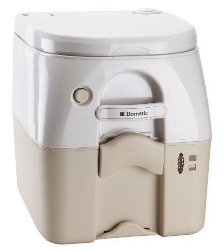 Dometic 301097502 portable toilet w/ stainless steel hold-down brackets, tan