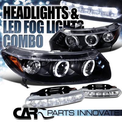 06-11 honda civic 2dr black halo led projector headlights+6-led fog lamps