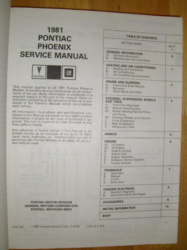 1981 PONTIAC PHOENIX SHOP MANUAL / ORIGINAL G.M. BOOK / USEFUL!!, US $24.50, image 4