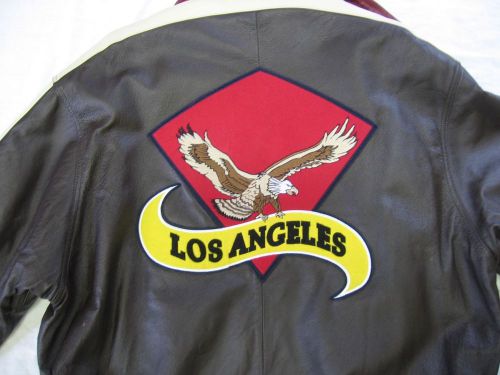 Mens large ladies xl brown leather patriotic los angeles motorcycle coat nice