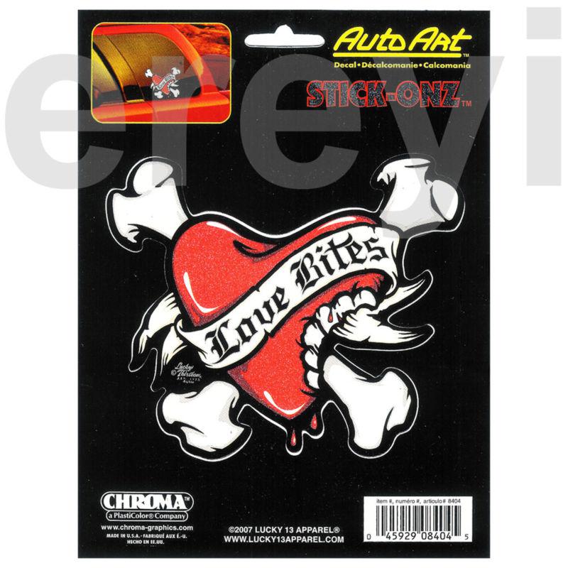 Love bites heart and crossbones decal sparkling wounded car auto truck sticker