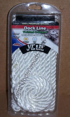 White 3-strand twisted dock line 1/2" x 25' nylon premium boat docking