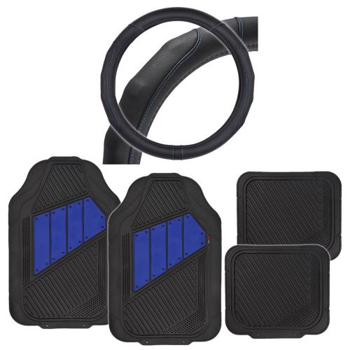 Motor trend rubber floor mats black/blue 2tone + comfy grip steering wheel cover