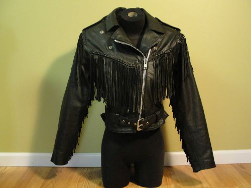 Mob leather motorcycle jacket fringe crop womens size 12 black belted