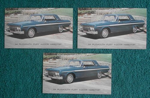 1964 lot of 3 original plymouth fury 4-door hardtop advertising postcards