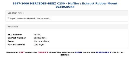 1997-2000 MERCEDES-BENZ C230 - Muffler / Exhaust Rubber Mount 2024920344, US $9.99, image 3