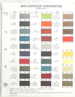 1970 chrysler dodge plymouth dupont exterior  color paint chip chart all models 