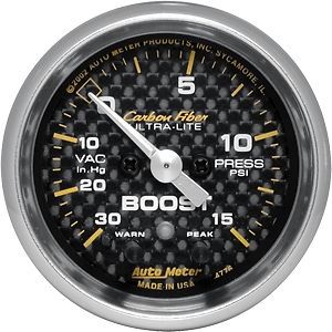 Auto meter 4776 carbon fiber series gauge 2&#034; boost/vacuum full sweep electric