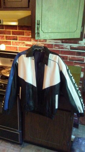 Porsche men's leather jacket size medium - black, white, blue with patches