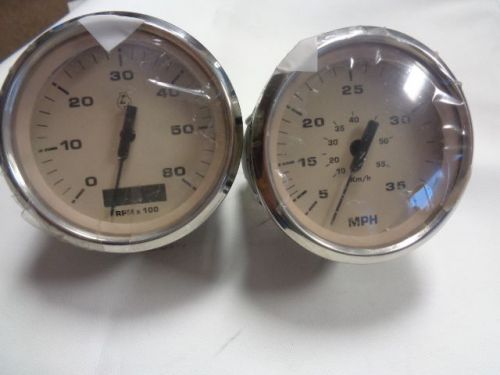Faria gauge pair ( 2 ) speedometer / tachometer tan face   chrome bezel marine b