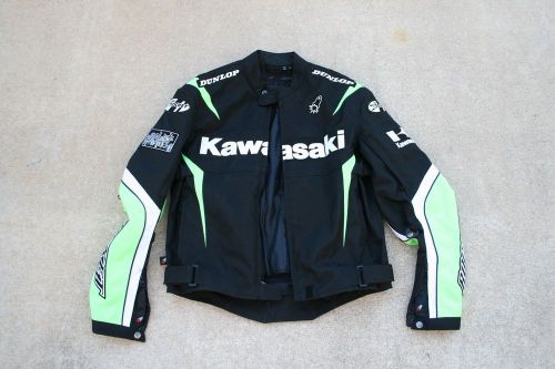 Kawasaki, joe rocket, dunlop, motorcycle jacket, size small, green &amp; black