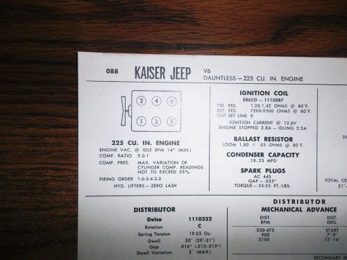 1966 kaiser jeep six series models dauntless 225 ci v6 tune up chart
