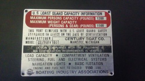 Vintage u.s. coast guard capacity plate for century 190 boat