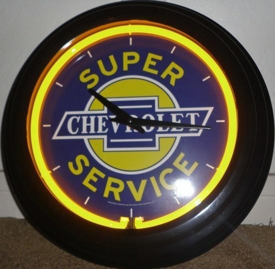 Chevrolet super service bowtie yellow chevy neon clock sign vintage antique new