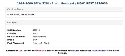 1997-2000 BMW 528I - Front Headrest / HEAD REST 8176036, US $49.99, image 2