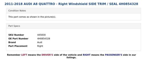 2011-2018 AUDI A8 QUATTRO - Right Windshield SIDE TRIM / SEAL 4H0854328, US $13.99, image 3