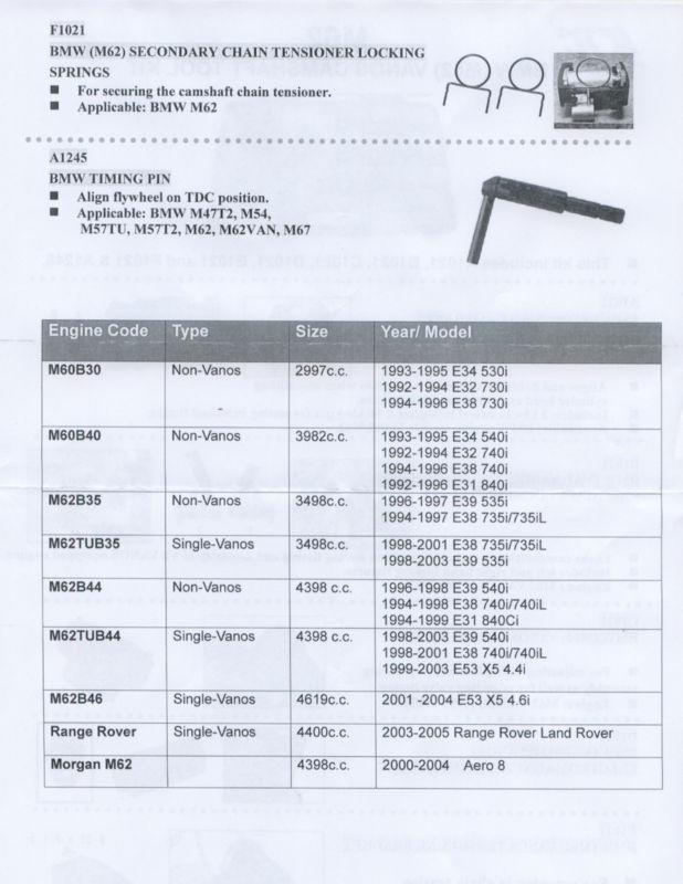 BMW M62 SECONDARY CHAIN TENSIONER LOCKING & CAMSHAFT VANOS TIMING KIT M60 M62, US $399.95, image 3