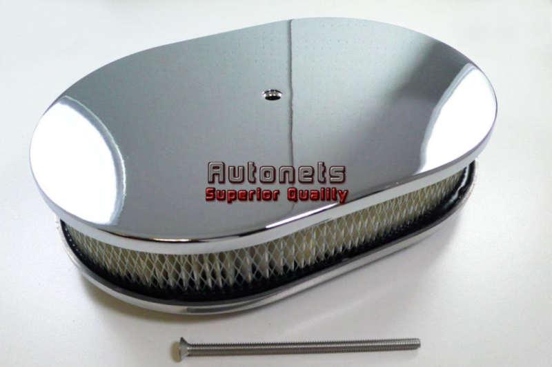 12" oval smooth plain chrome aluminum air cleaner filter set universal fit