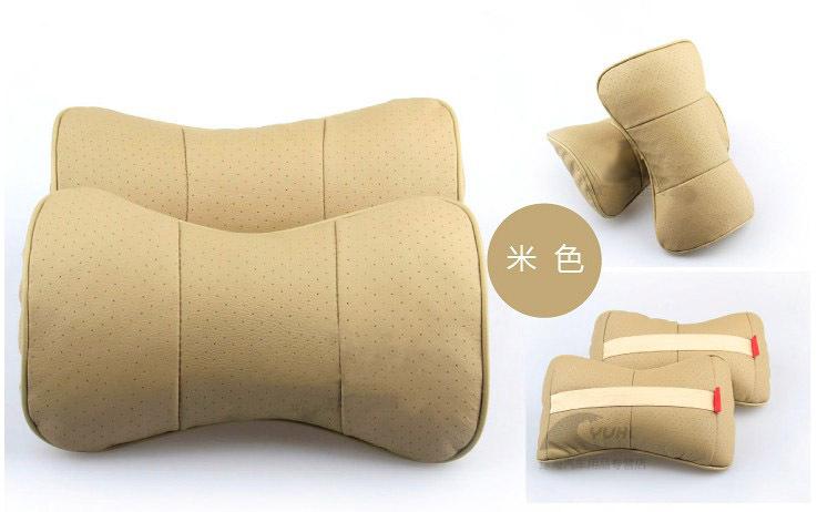 Pro new 2pcs quality beige pore cow leather car seat neck rest cushion pillow