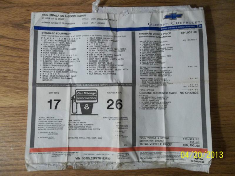 1996 chevrolet impala ss window sticker and owners manual