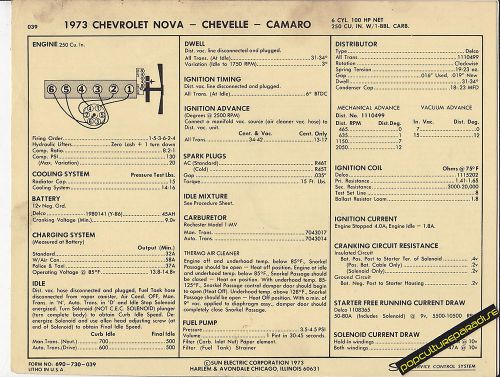 1973 chevrolet nova/chevelle/camaro 250 ci /100 hp car sun electronic spec sheet