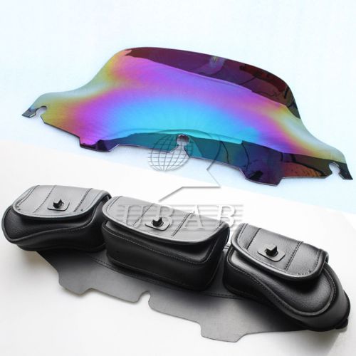 8&#034;iridium wave windshield+bag saddle 3 pouch pocket for harley touring 1996-2013