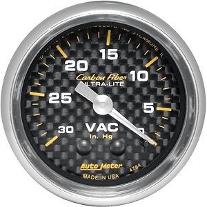 Auto meter 4784 carbon fiber series gauge  2&#034; vacuum (30&#034; hg)  mechanical