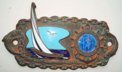 Vintage breton prayer st christopher metal &amp; enamel plate made for a boat