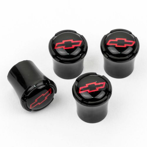Chevrolet red bowtie outline logo black tire valve stem caps  - usa made
