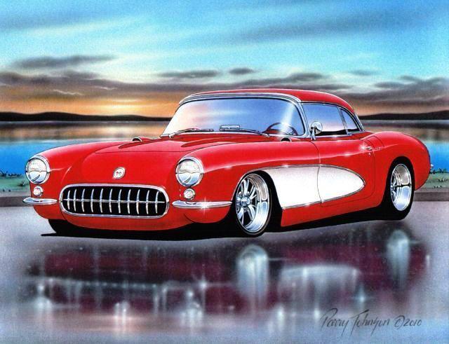 1956 57 chevy corvette hot rod car automotive art print red & white