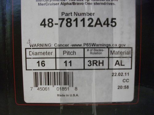 Mercury Propellers Black Max 48-78112A45 16" X 11 pitch 3 blade RH hub kit, US $216.99, image 3