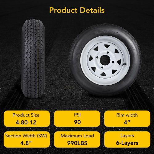2-Pack Trailer Tire On Rim 4.80-12 12 in. Load Range C 4 Lug White Spoke Wheel, US $103.99, image 5