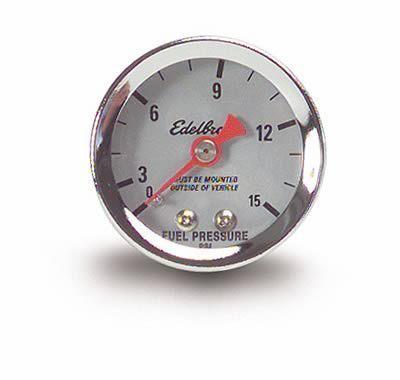 Edelbrock analog mechanical fuel pressure gauge 1 1/2" dia silver face 73831