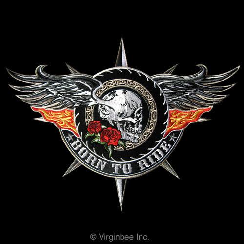 Born to ride big winged skull flaming wings tattoo biker vest embroidered patch