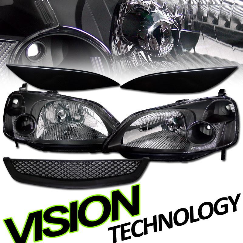 Purchase 0103 Civic 2/4Door JDM Blk Housing Headlights+Bumper Mesh Grill+Eye Lids/Brows in