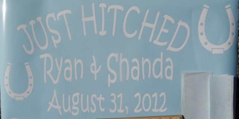 Just hitched married cowboy western style wedding decal bride groom car limo