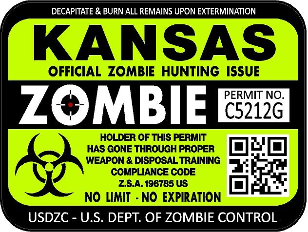 Kansas zombie hunting license permit 3"x4" decal sticker outbreak 1226