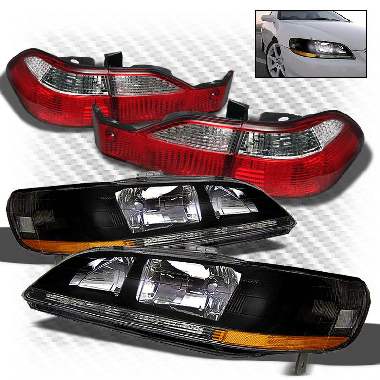98-00 accord 4dr black crystal headlights + red clear tail lights combo set