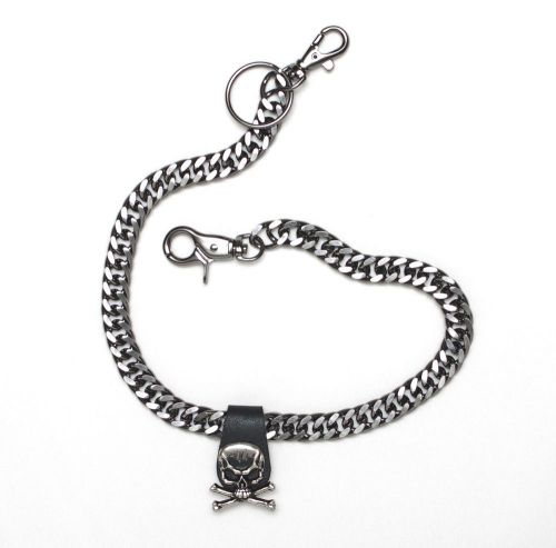 Black chrome / gunmetal 18" wallet chain w/ skull &amp; x bones on leather fob