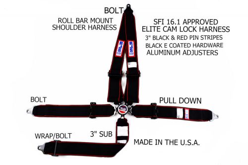 Rjs sfi 16.1 elite 4 point cam lock racing harness belt black red stripe 1096201