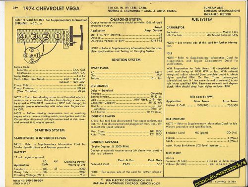 1974 chevrolet vega 140 ci 4 cylinder 1 bbl car sun electronic spec sheet