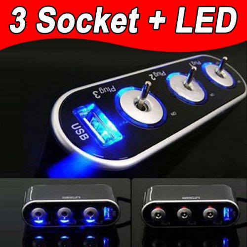 Usb port 3 way socket car cigarette lighter power splitter 12v/24v blue led auto