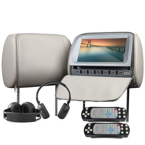 Grey dual 9&#034; hd car pillow headrest dvd player moniter speaker fm ir headsets