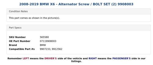 2008-2019 BMW X6 - Alternator Screw / BOLT SET (2) 9908003, US $9.99, image 3