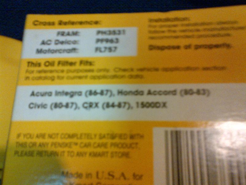 Penske Oil Filter PN3531, Fram: PH3531, Delco: PF963, Motorcraft FL757 Honda NOS, US $2.00, image 3