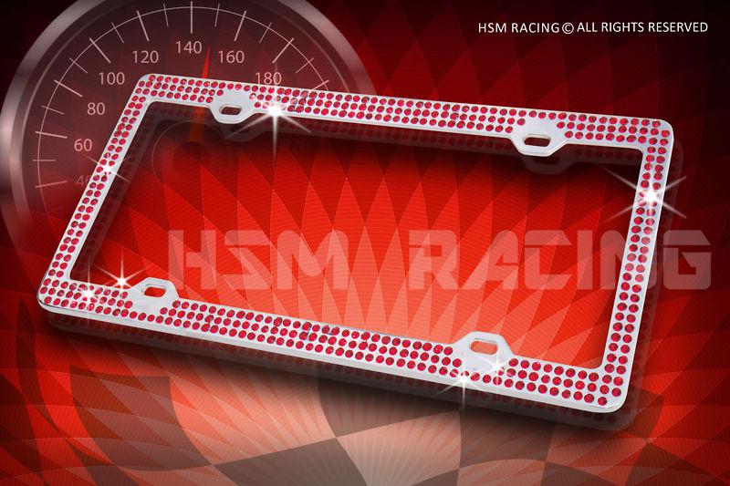 Bling 3 rows red real crystal embedded chrome license plate frame+free caps