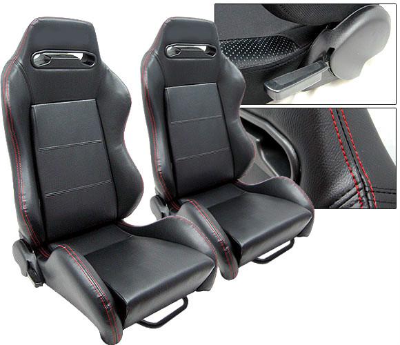 Buy 2 PCS BLACK LEATHER + RED STITCH RACING SEATS RECLINABLE W/ SLIDER