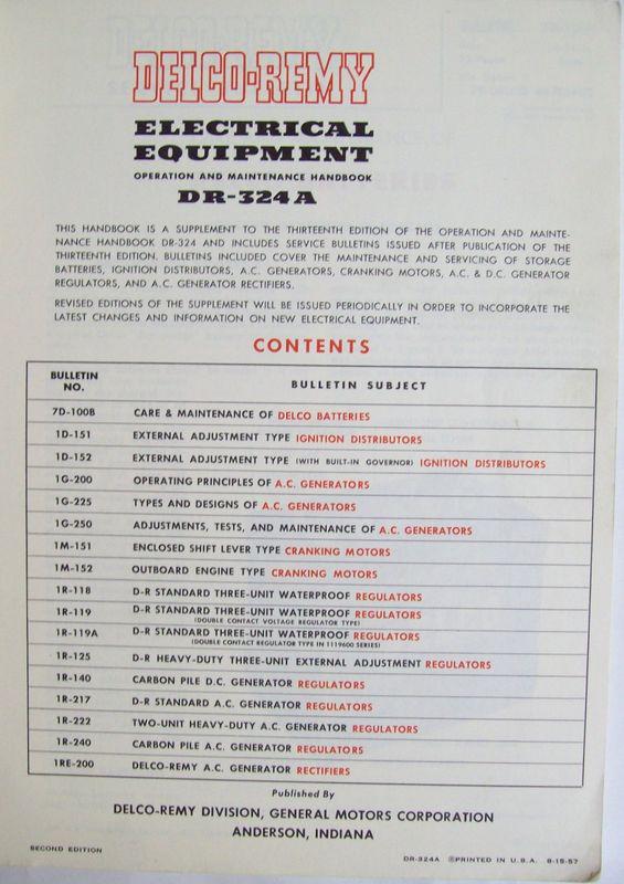 Delco-Remy 1957 Electrical Equipment DR-324A Operation & Maintenance Handbook, US $25.00, image 2
